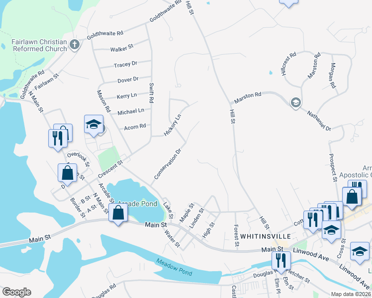 map of restaurants, bars, coffee shops, grocery stores, and more near 114 Conservation Drive in Northbridge