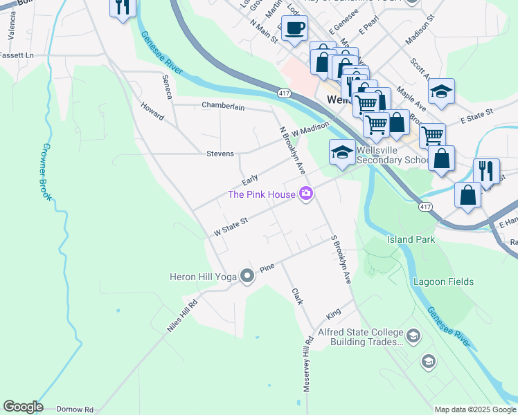 map of restaurants, bars, coffee shops, grocery stores, and more near 262 West State Street in Wellsville