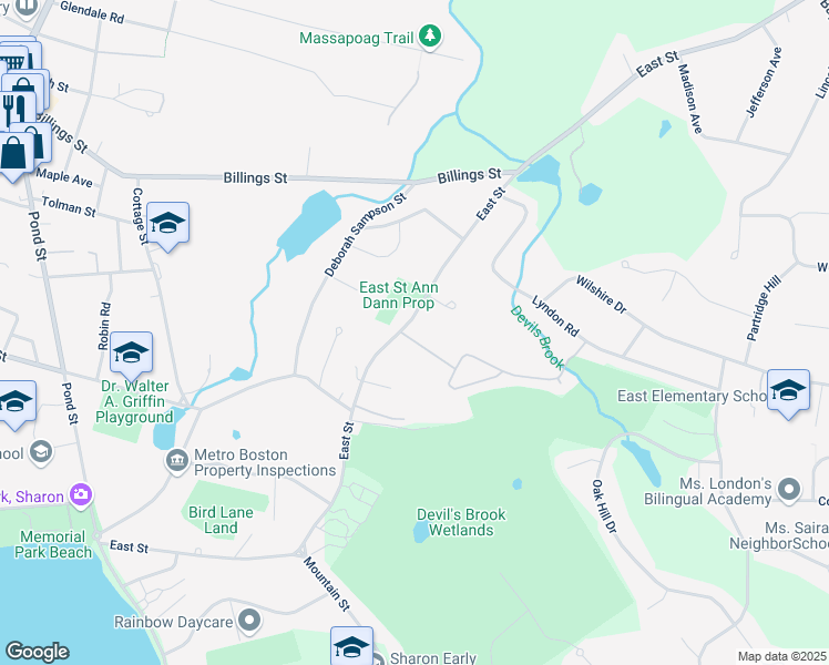map of restaurants, bars, coffee shops, grocery stores, and more near 189 East Street in Sharon