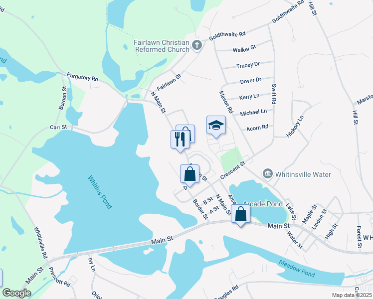 map of restaurants, bars, coffee shops, grocery stores, and more near 206 North Main Street in Northbridge