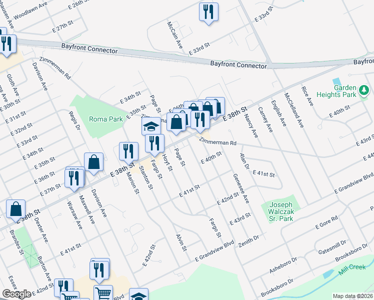map of restaurants, bars, coffee shops, grocery stores, and more near 3822 Conrad Road in Erie