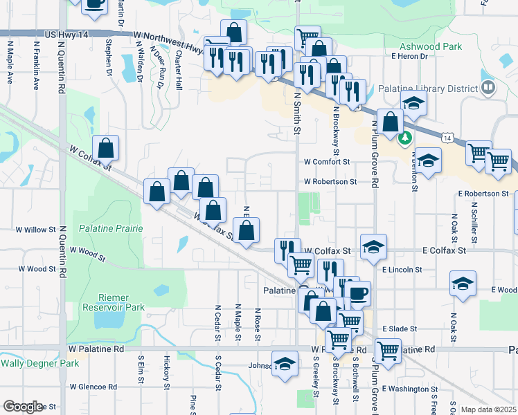 map of restaurants, bars, coffee shops, grocery stores, and more near 325 North Eric Drive in Palatine