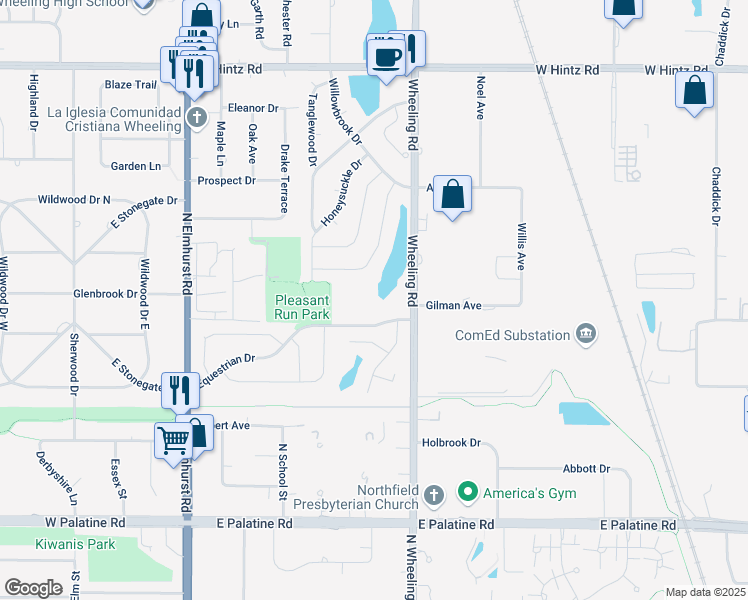 map of restaurants, bars, coffee shops, grocery stores, and more near 430 Pleasant Run Drive in Wheeling