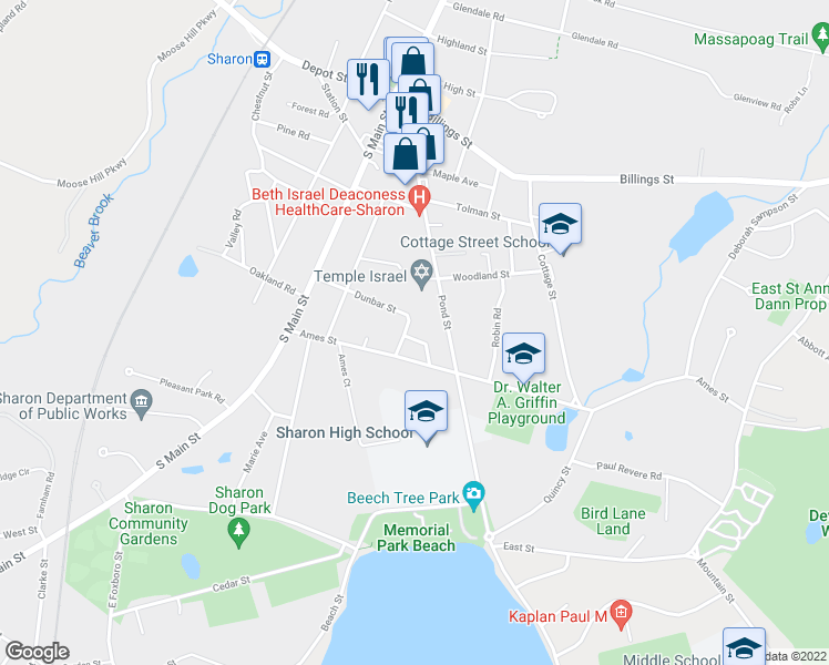 map of restaurants, bars, coffee shops, grocery stores, and more near 9 Park Road in Sharon