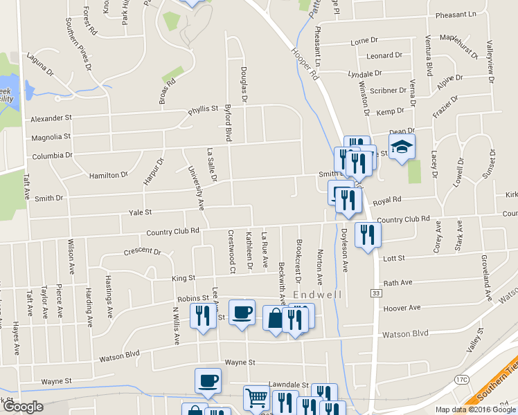map of restaurants, bars, coffee shops, grocery stores, and more near 504 North Kathleen Drive in Endicott