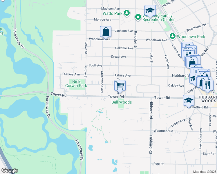 map of restaurants, bars, coffee shops, grocery stores, and more near 1436 Edgewood Lane in Winnetka