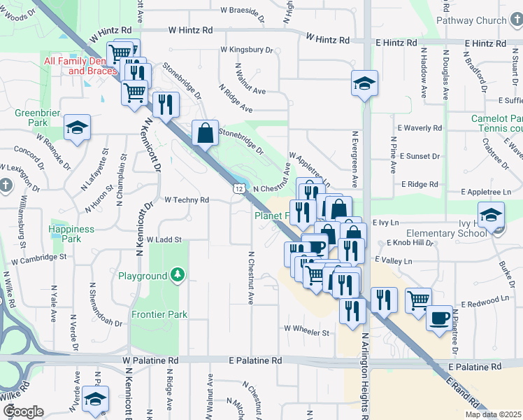 map of restaurants, bars, coffee shops, grocery stores, and more near 273 West Rand Road in Arlington Heights