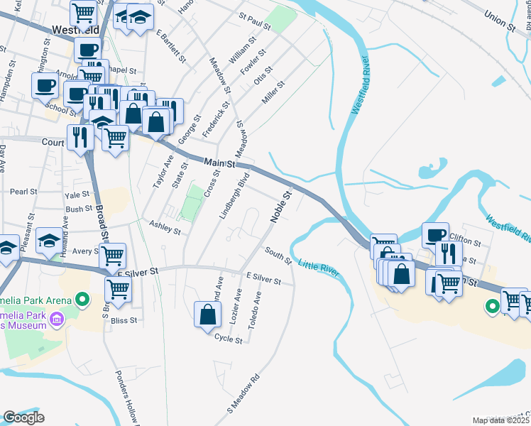 map of restaurants, bars, coffee shops, grocery stores, and more near 45 Noble Street in Westfield
