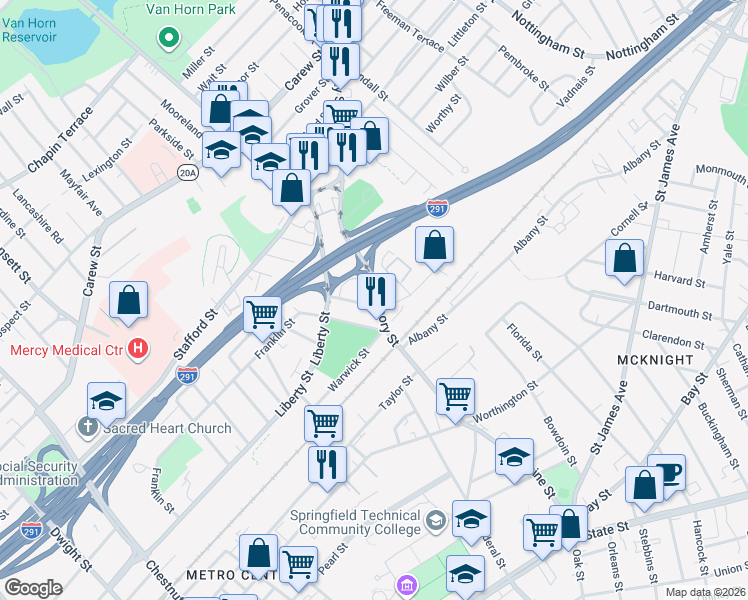 map of restaurants, bars, coffee shops, grocery stores, and more near 29-31 Ledyard Street in Springfield