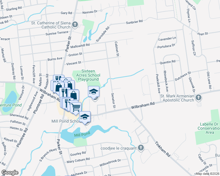 map of restaurants, bars, coffee shops, grocery stores, and more near 94 Senator Street in Springfield