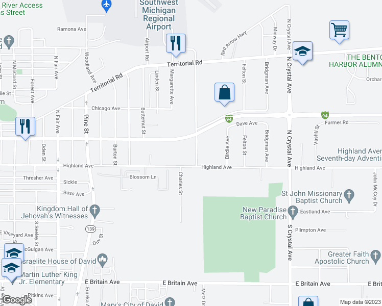 map of restaurants, bars, coffee shops, grocery stores, and more near 150 Urbandale Avenue in Benton Harbor