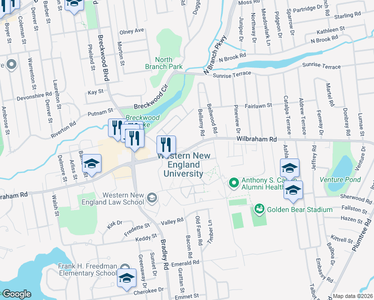 map of restaurants, bars, coffee shops, grocery stores, and more near 1261 Wilbraham Road in Springfield
