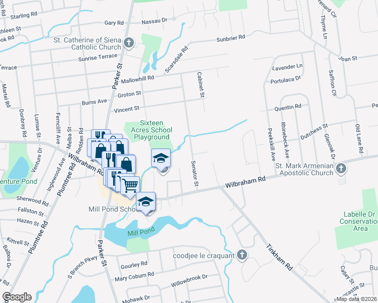 map of restaurants, bars, coffee shops, grocery stores, and more near 94 Senator Street in Springfield
