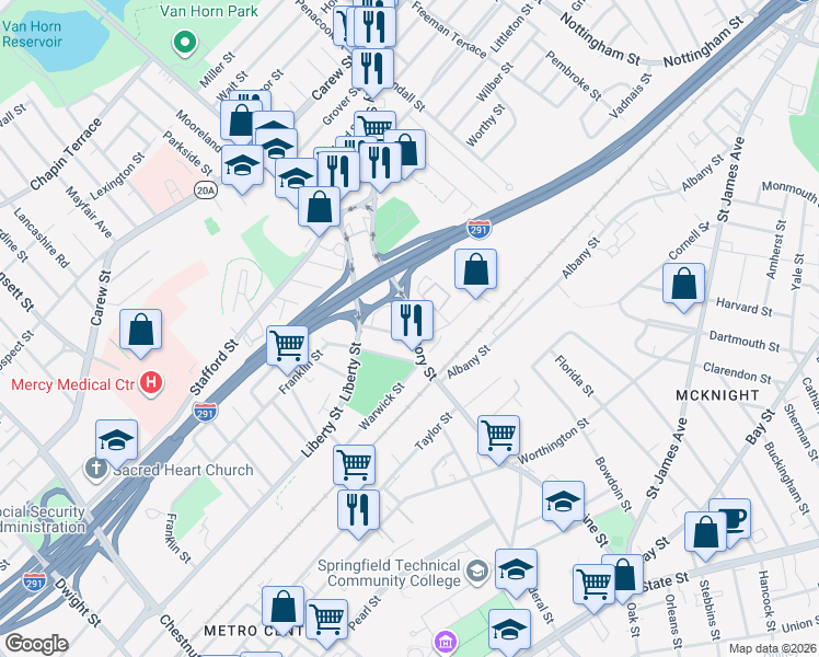 map of restaurants, bars, coffee shops, grocery stores, and more near 29-31 Ledyard Street in Springfield