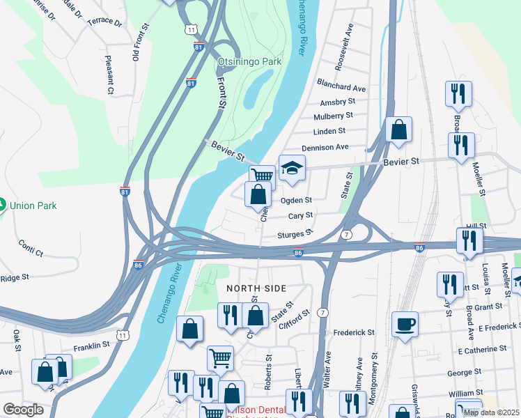 map of restaurants, bars, coffee shops, grocery stores, and more near 518 Chenango Street in Binghamton