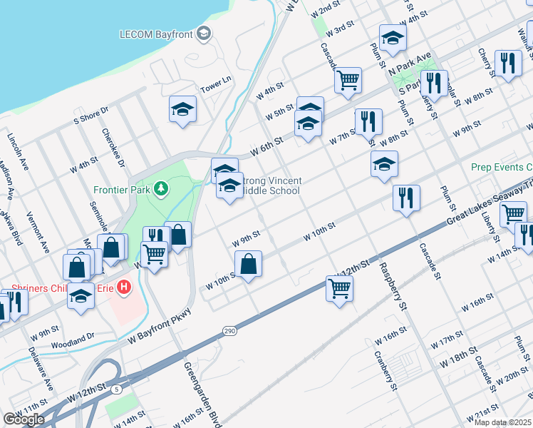 map of restaurants, bars, coffee shops, grocery stores, and more near 1242 West 9th Street in Erie