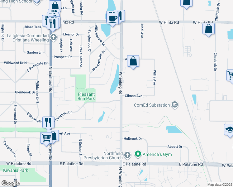 map of restaurants, bars, coffee shops, grocery stores, and more near in Wheeling