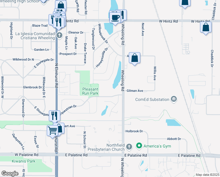 map of restaurants, bars, coffee shops, grocery stores, and more near 430 Pleasant Run Drive in Wheeling