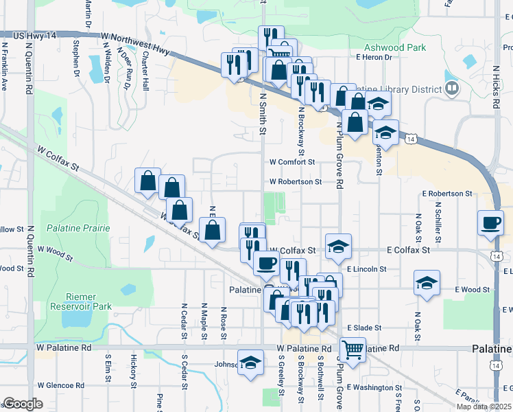 map of restaurants, bars, coffee shops, grocery stores, and more near 332 North Smith Street in Palatine