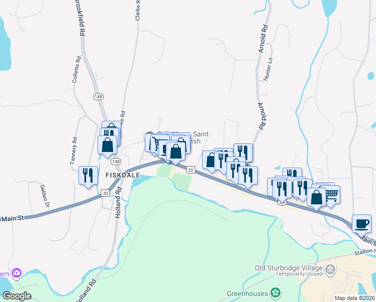 map of restaurants, bars, coffee shops, grocery stores, and more near 13 Bates Hill Road in Sturbridge