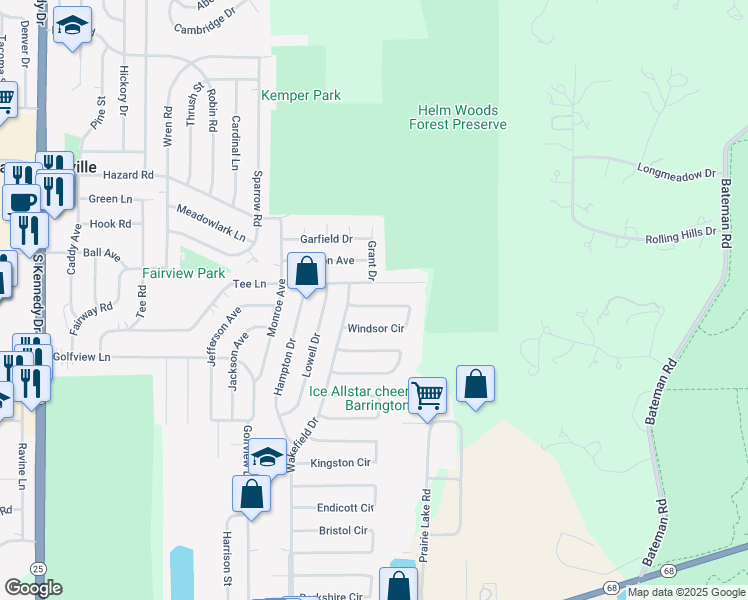 map of restaurants, bars, coffee shops, grocery stores, and more near 1406 Windsor Circle in Carpentersville