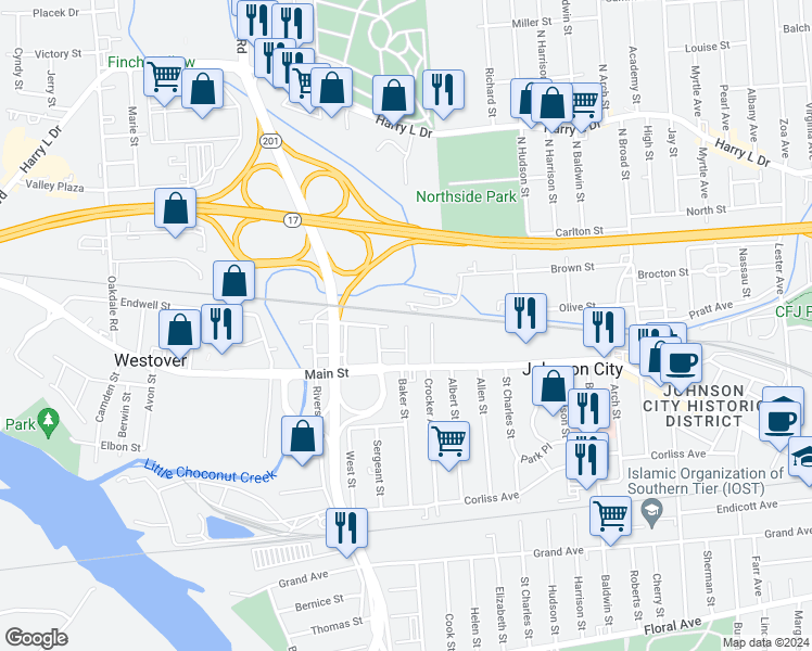 map of restaurants, bars, coffee shops, grocery stores, and more near 40 2nd Street in Johnson City