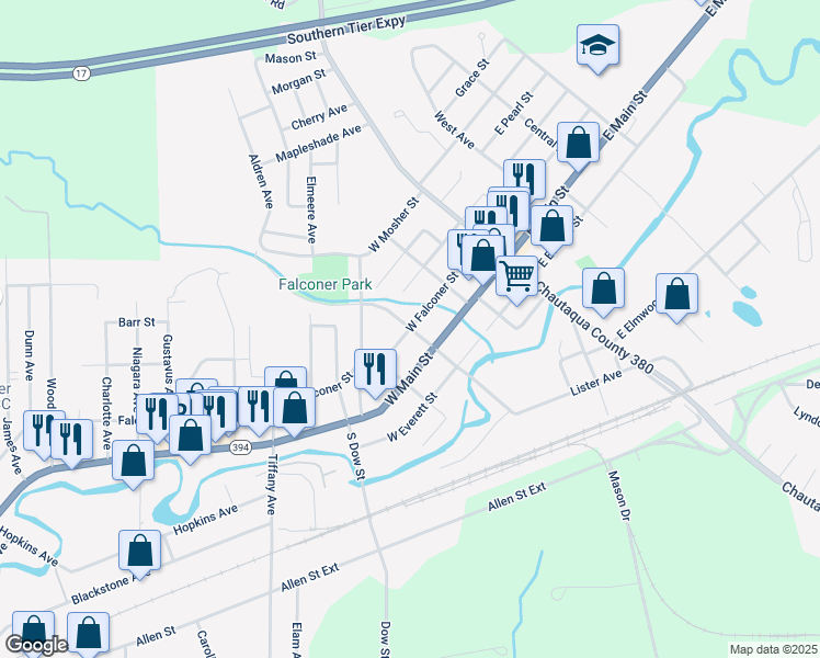 map of restaurants, bars, coffee shops, grocery stores, and more near West Falconer Street & North Phetteplace Street in Falconer