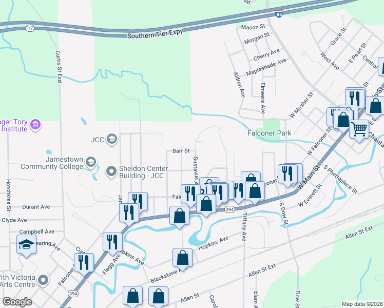 map of restaurants, bars, coffee shops, grocery stores, and more near 320 Niagara Avenue in Jamestown