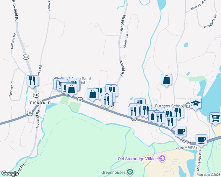 map of restaurants, bars, coffee shops, grocery stores, and more near 19 A Arnold Road in Sturbridge