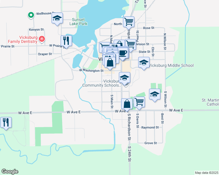 map of restaurants, bars, coffee shops, grocery stores, and more near 318 South Main Street in Vicksburg