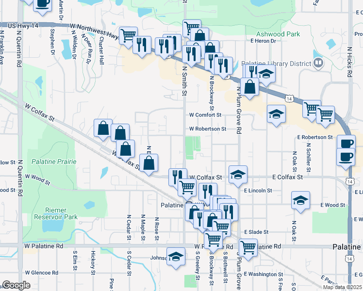 map of restaurants, bars, coffee shops, grocery stores, and more near 332 North Smith Street in Palatine
