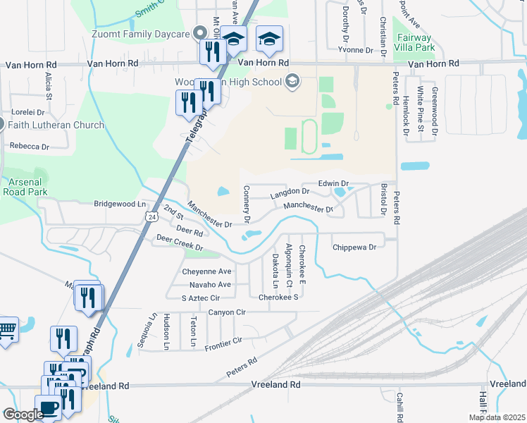 map of restaurants, bars, coffee shops, grocery stores, and more near 24842 Manchester Drive in Wayne County