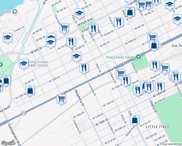 map of restaurants, bars, coffee shops, grocery stores, and more near 939 W 11th St in Erie