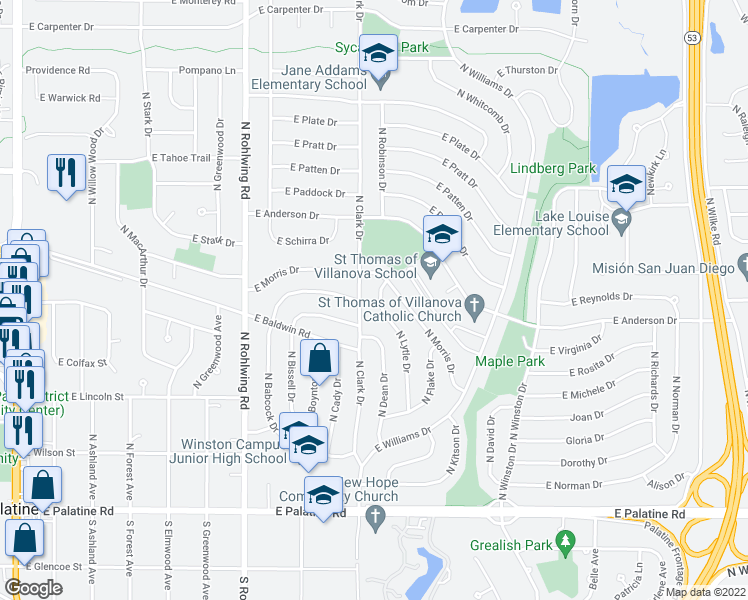 map of restaurants, bars, coffee shops, grocery stores, and more near 344 North Lytle Drive in Palatine