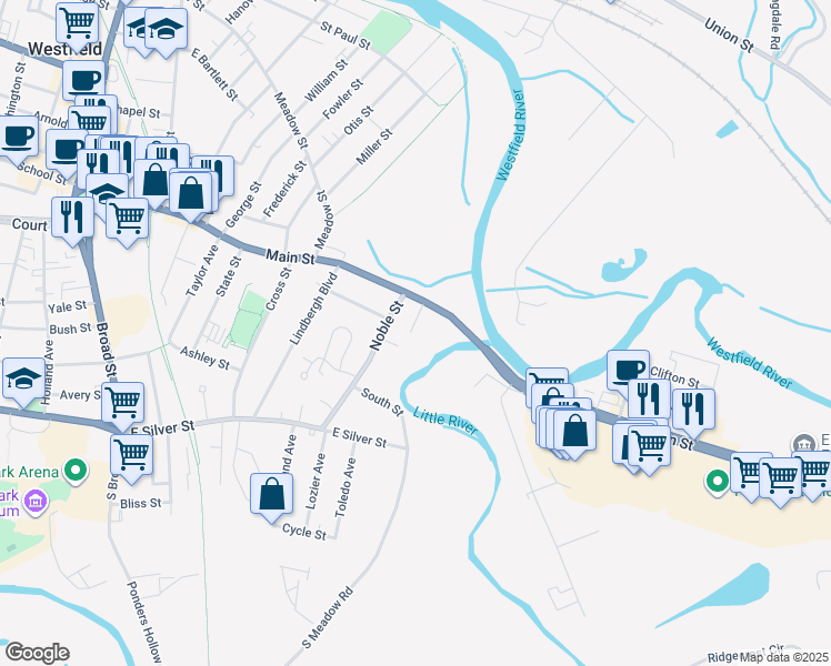 map of restaurants, bars, coffee shops, grocery stores, and more near 14 Exchange Street in Westfield
