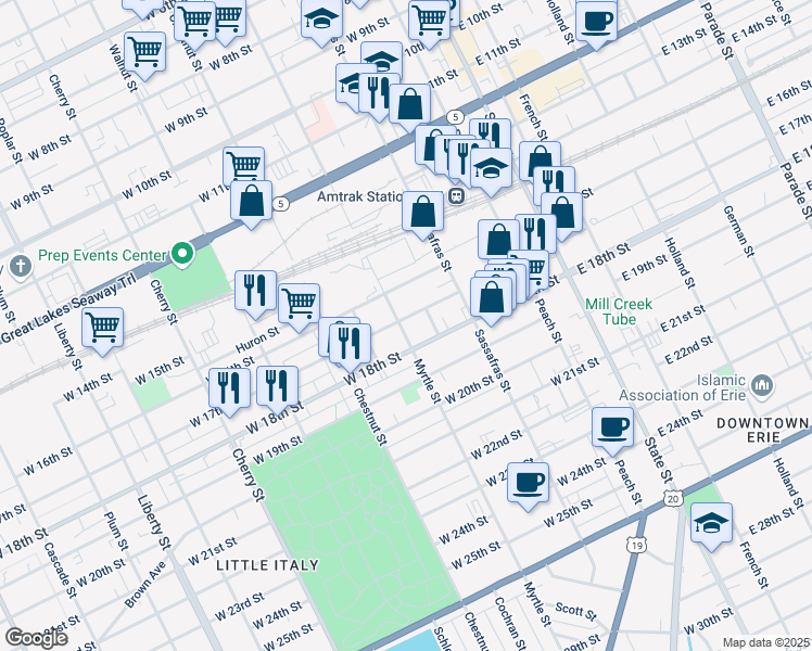 map of restaurants, bars, coffee shops, grocery stores, and more near 1622 Myrtle Street in Erie