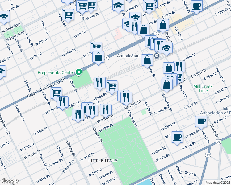 map of restaurants, bars, coffee shops, grocery stores, and more near 410 West 16th Street in Erie