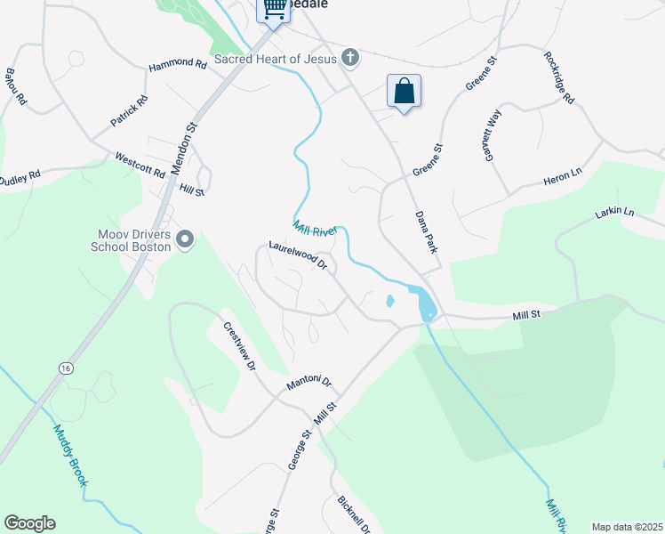 map of restaurants, bars, coffee shops, grocery stores, and more near 44 Laurelwood Drive in Hopedale