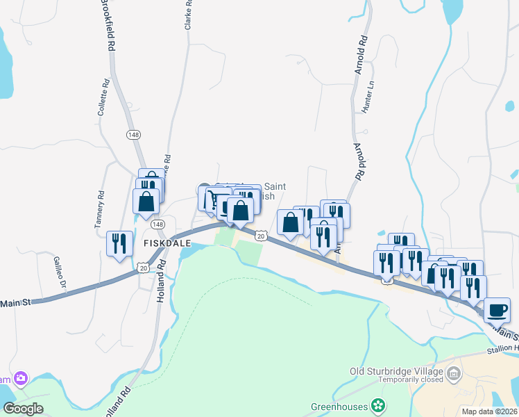map of restaurants, bars, coffee shops, grocery stores, and more near 13 Bates Hill Road in Sturbridge