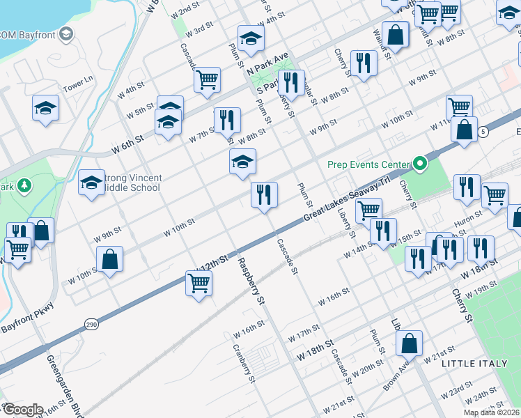 map of restaurants, bars, coffee shops, grocery stores, and more near 1030 Cascade Street in Erie