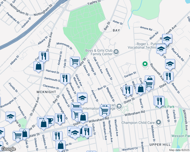 map of restaurants, bars, coffee shops, grocery stores, and more near 98 Cambridge Street in Springfield