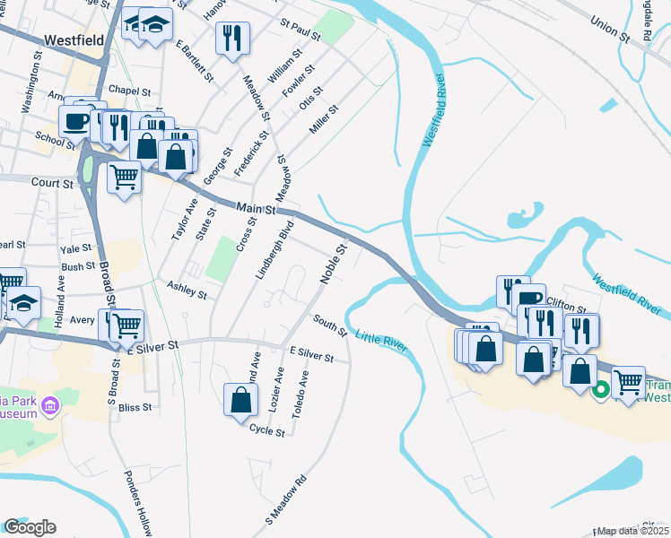 map of restaurants, bars, coffee shops, grocery stores, and more near 32 Noble Street in Westfield