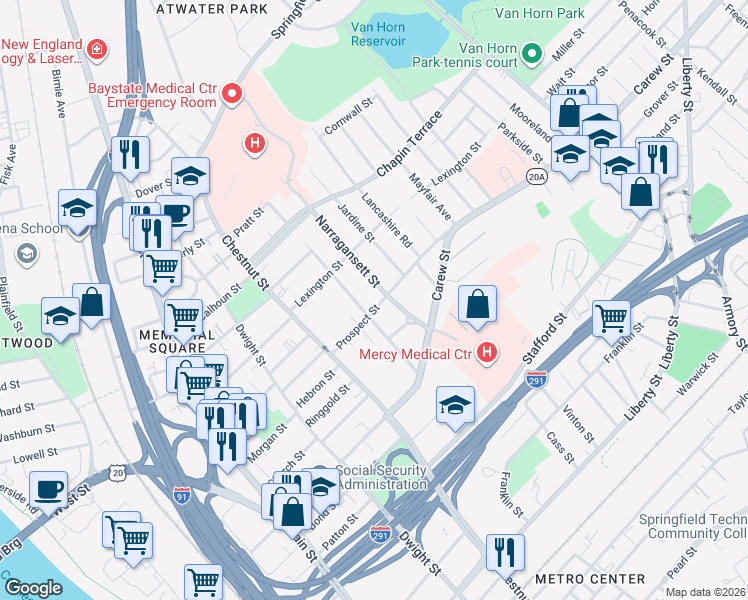 map of restaurants, bars, coffee shops, grocery stores, and more near 105 Massasoit Street in Springfield