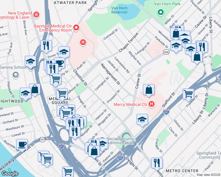 map of restaurants, bars, coffee shops, grocery stores, and more near 105 Massasoit Street in Springfield
