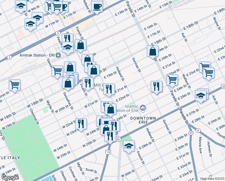 map of restaurants, bars, coffee shops, grocery stores, and more near 114 East 21st Street in Erie