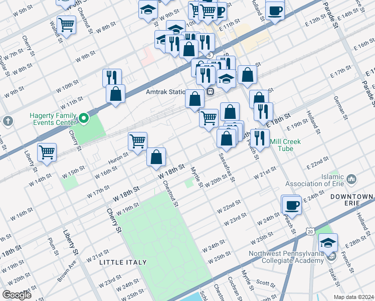 map of restaurants, bars, coffee shops, grocery stores, and more near 1622 Myrtle Street in Erie
