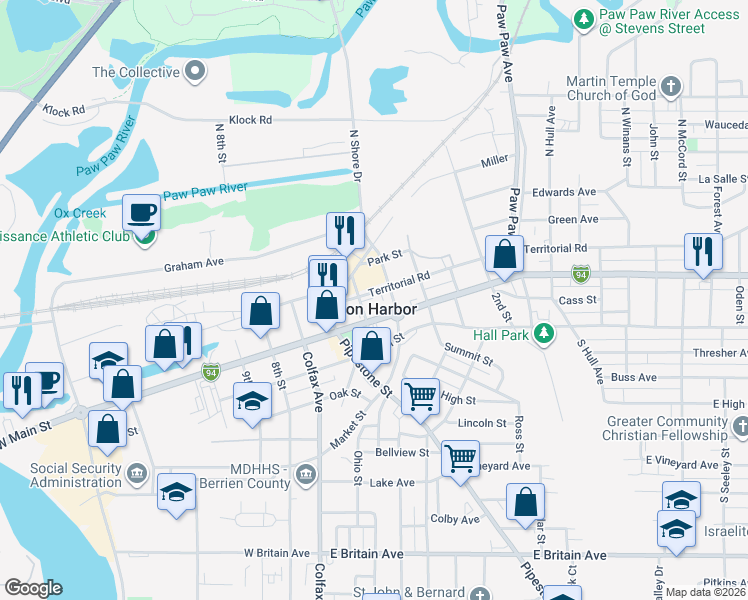 map of restaurants, bars, coffee shops, grocery stores, and more near in Benton Harbor