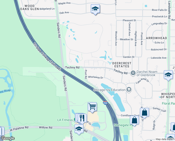 map of restaurants, bars, coffee shops, grocery stores, and more near 3767 Techny Road in Northbrook