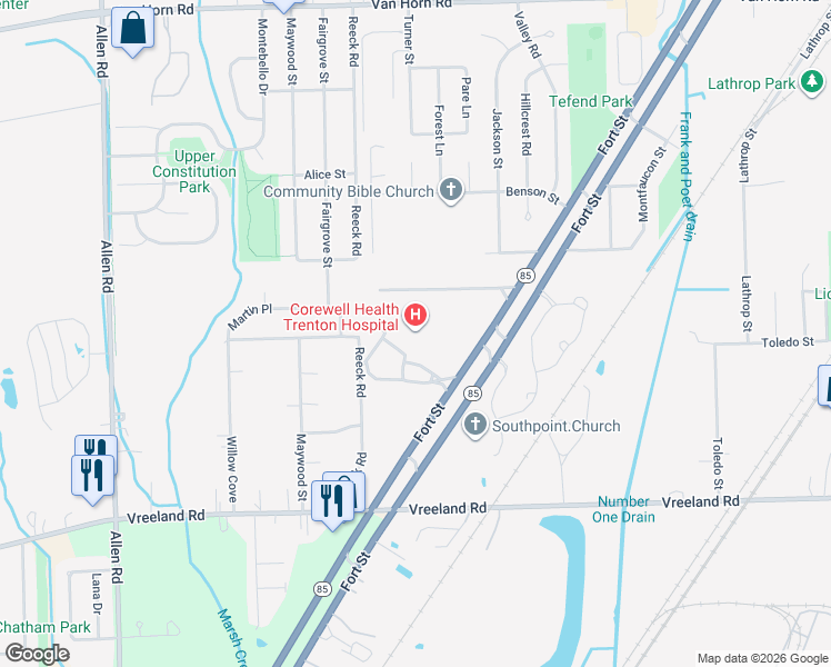 map of restaurants, bars, coffee shops, grocery stores, and more near 5450 Fort Street in Trenton
