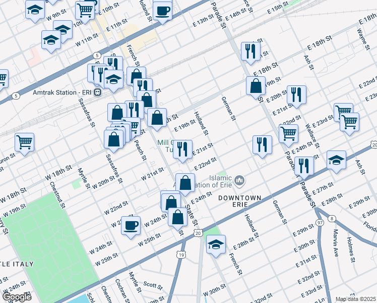 map of restaurants, bars, coffee shops, grocery stores, and more near 114 East 21st Street in Erie
